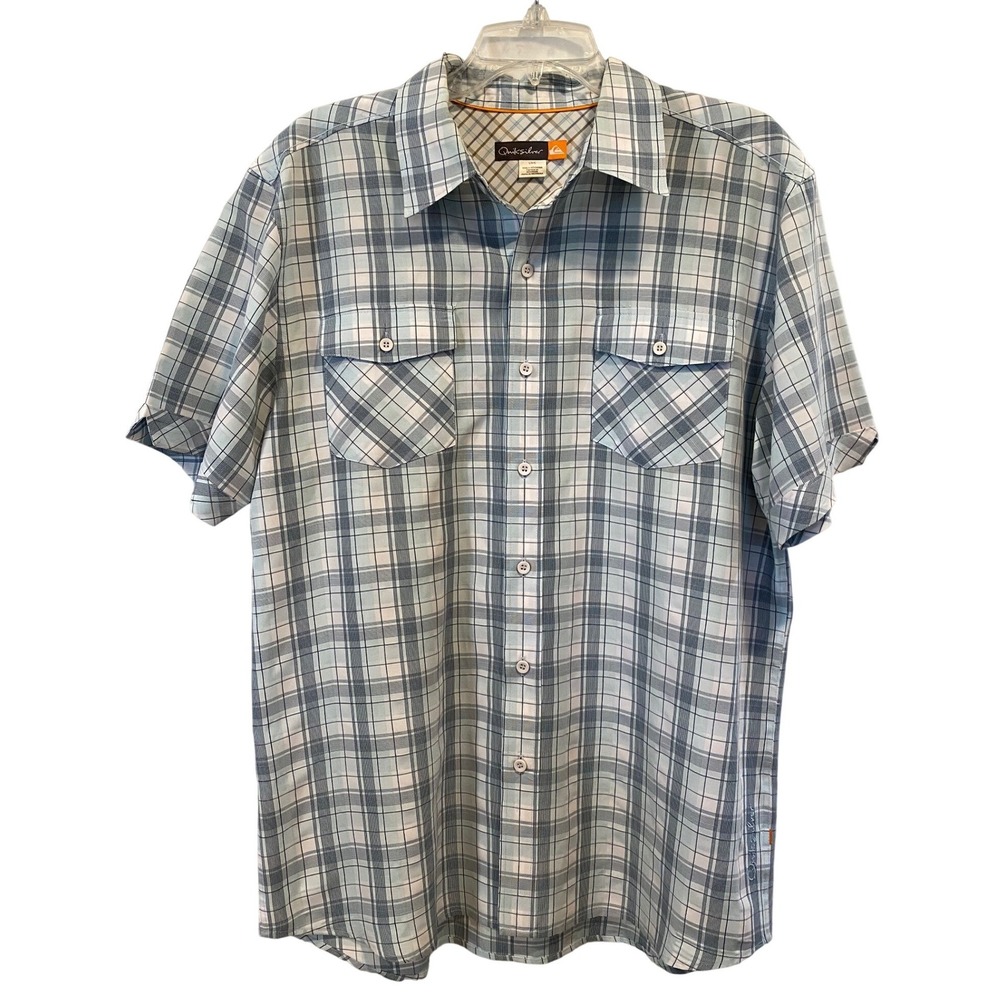 Quiksilver Mens Large‎ Short Sleeve Plaid Button Up Shirt Blue Grey Surf Casual